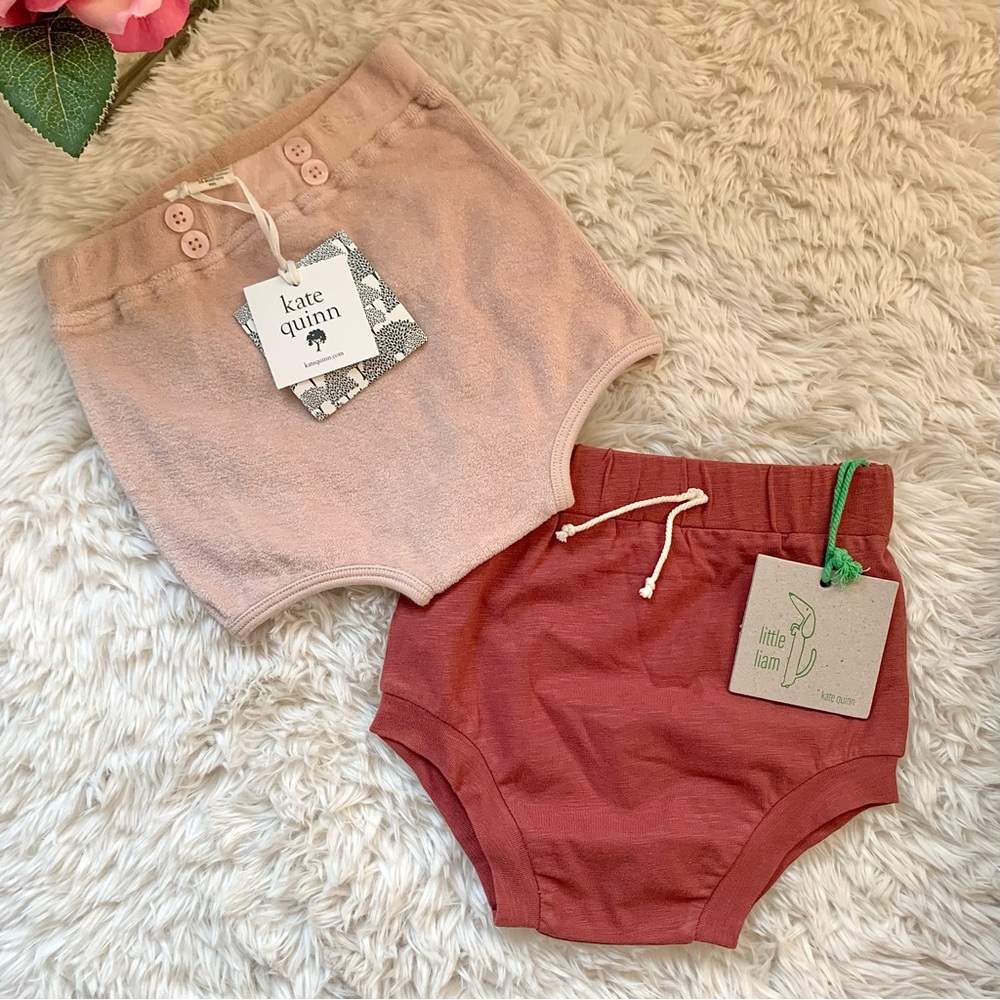 NEW Kate Quinn Organics SET of 2 Bloomer Bottoms organic cotton baby girl 6M 12M